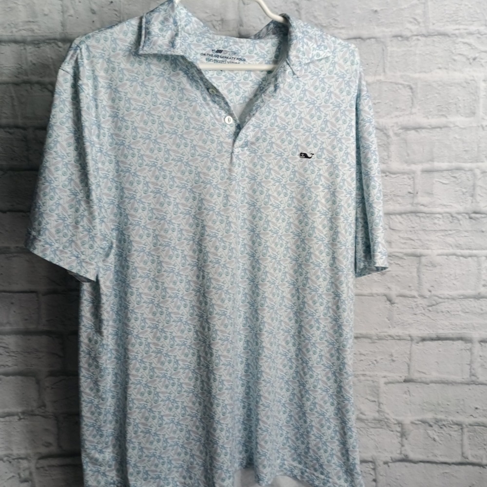 Vineyard Vines Mens Large On-The-Go Sankaty Polo Shirt Blue White Print OTG